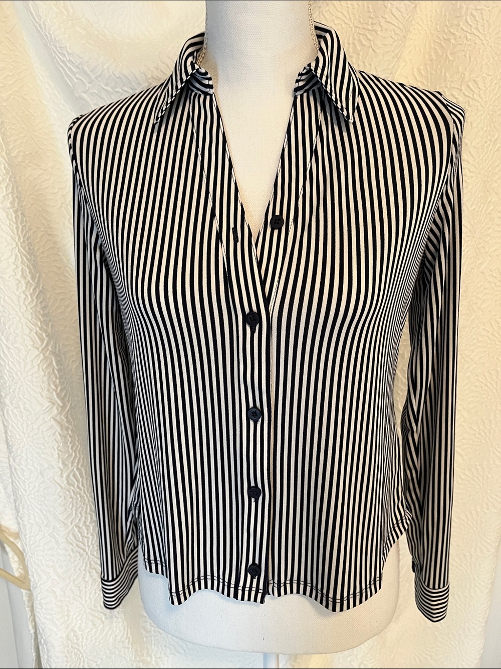 Adrianna Papell Navy and White Vertical Stripe Button-Down Shirt